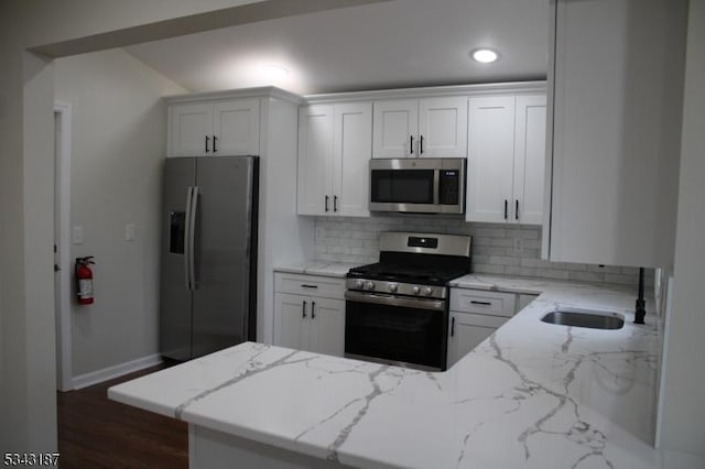 kitchen with dark wood-style floors, decorative backsplash, stainless steel appliances, and light stone countertops