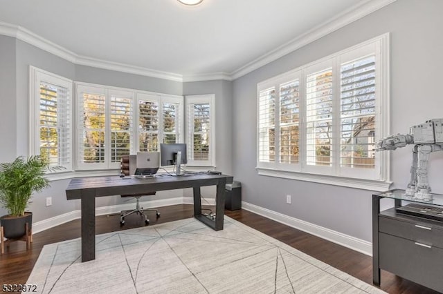 office area featuring baseboards, wood finished floors, and ornamental molding