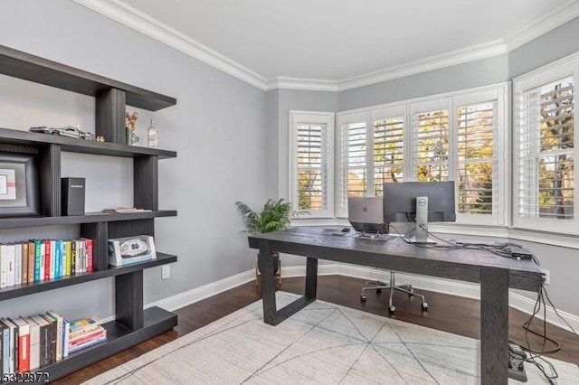 home office with crown molding, wood finished floors, and baseboards