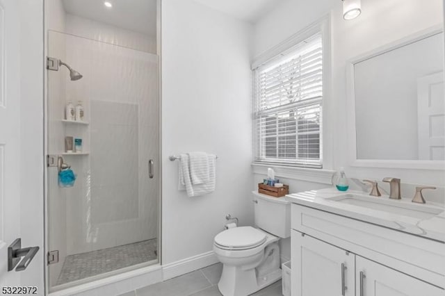 full bath with tile patterned flooring, a stall shower, toilet, and vanity