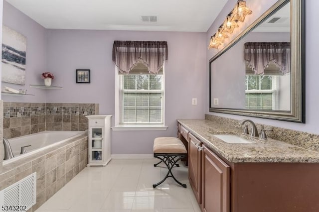 full bathroom featuring vanity, visible vents, baseboards, tile patterned flooring, and a bath