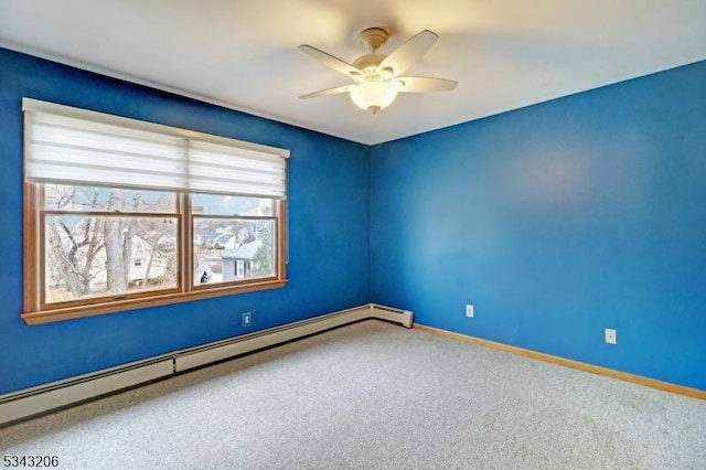 unfurnished room with a ceiling fan, carpet, baseboards, and baseboard heating