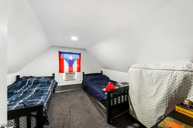 bedroom with carpet flooring, cooling unit, and vaulted ceiling