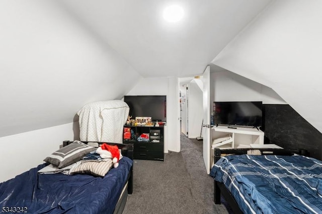 carpeted bedroom with lofted ceiling