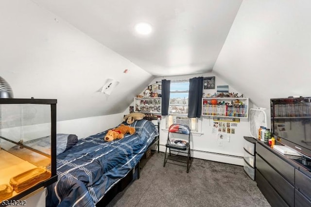 bedroom with lofted ceiling, baseboard heating, and carpet