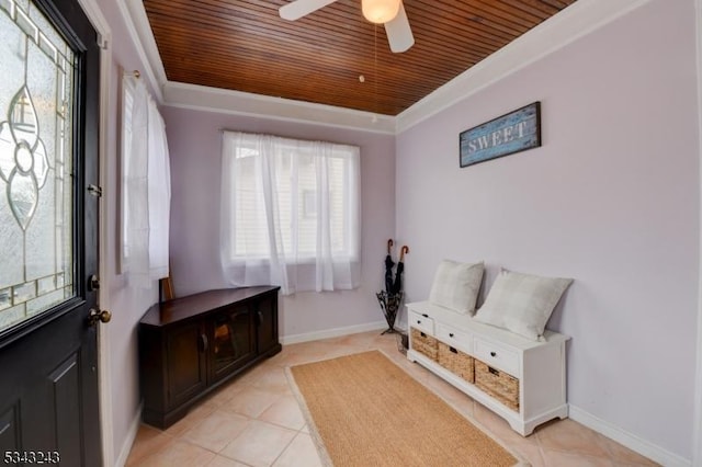 sitting room with wooden ceiling, crown molding, light tile patterned floors, baseboards, and ceiling fan