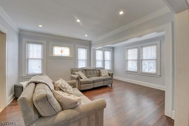 living area featuring plenty of natural light, crown molding, baseboards, and wood finished floors