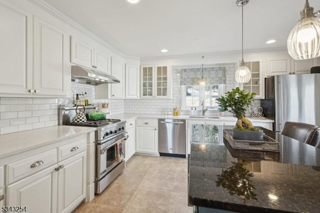 kitchen featuring under cabinet range hood, white cabinetry, stainless steel appliances, and a sink