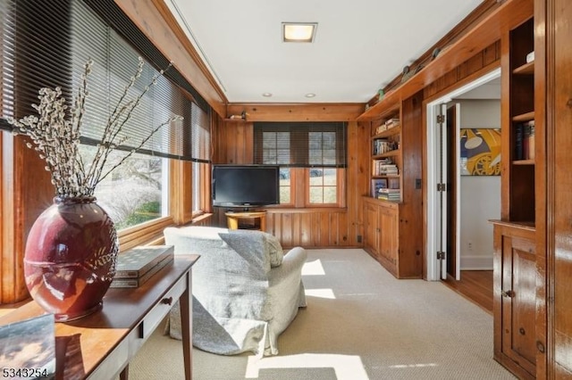 sitting room featuring plenty of natural light, wood walls, and carpet flooring