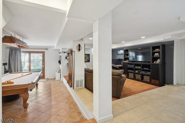 game room featuring pool table, light tile patterned floors, recessed lighting, and visible vents