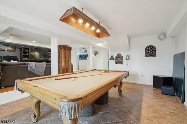 rec room featuring tile patterned flooring, pool table, and baseboards