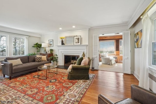 living room with a brick fireplace, a healthy amount of sunlight, and ornamental molding