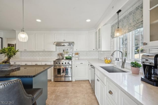 kitchen featuring under cabinet range hood, white cabinets, stainless steel appliances, and a sink