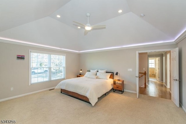 bedroom with recessed lighting, baseboards, light carpet, and high vaulted ceiling