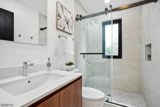 bathroom with a stall shower, toilet, and vanity