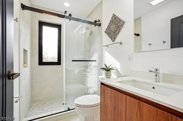 full bathroom with vanity, a shower stall, and toilet