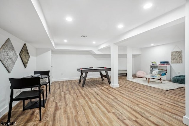 game room featuring recessed lighting, visible vents, baseboards, and light wood-style floors