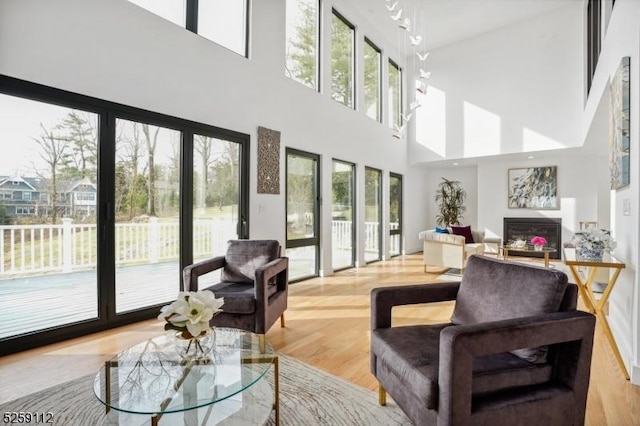 living room featuring light wood-type flooring and a glass covered fireplace