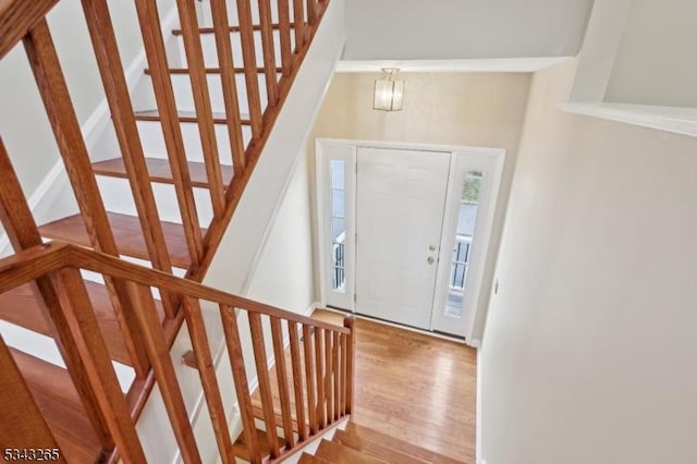 entrance foyer featuring stairway and wood finished floors