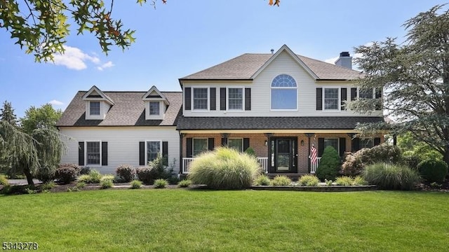 view of front of house with brick siding, a front lawn, and a shingled roof