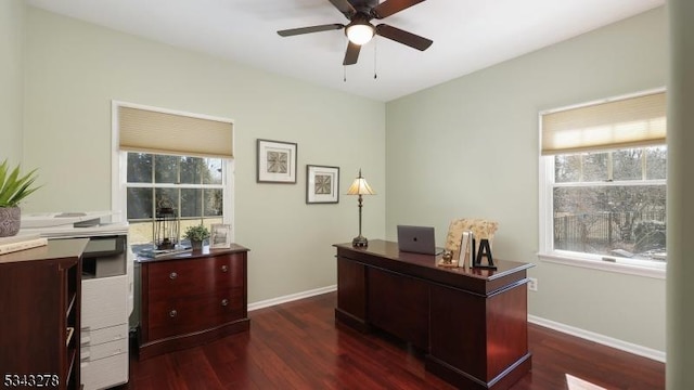 office space featuring dark wood finished floors, baseboards, a ceiling fan, and a wealth of natural light