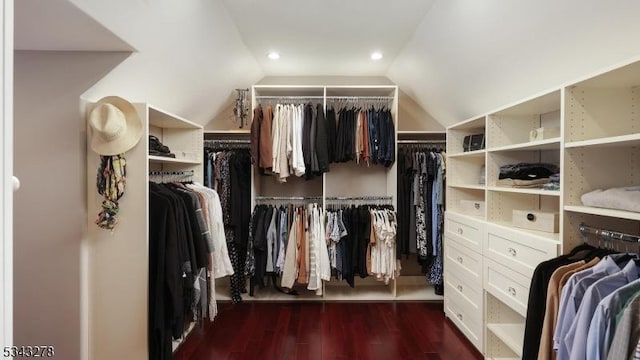 spacious closet with lofted ceiling and wood finished floors