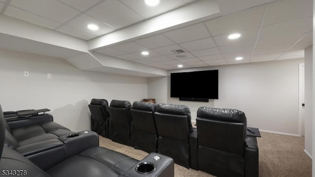 carpeted cinema with recessed lighting, baseboards, and a drop ceiling