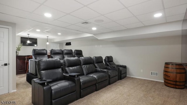 home theater with recessed lighting, carpet flooring, baseboards, and visible vents