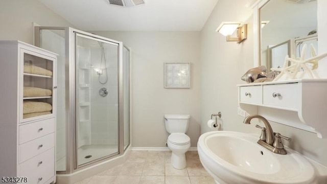 full bath with a sink, toilet, a shower stall, and tile patterned flooring