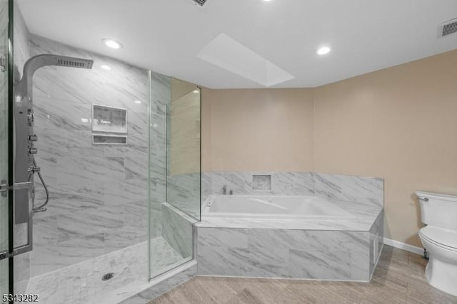 bathroom with a bath, baseboards, a marble finish shower, recessed lighting, and toilet