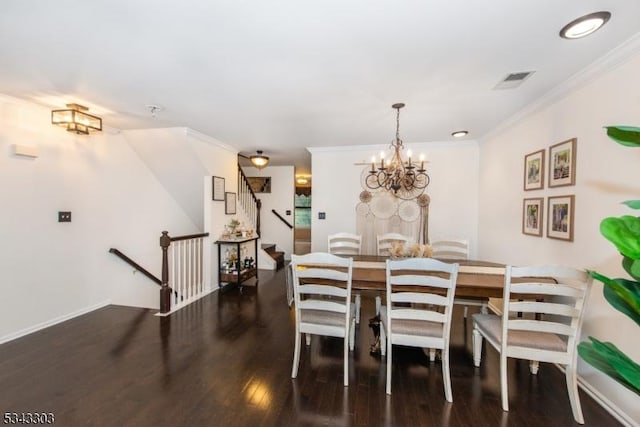 3 Knox Ct, Bernards Twp, NJ 07920 - dining area with wood finished floors, a chandelier, ornamental molding, and stairs