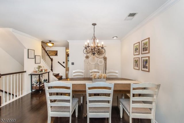 3 Knox Ct, Bernards Twp, NJ 07920 - dining room featuring dark wood-type flooring, a chandelier, stairs, and ornamental molding