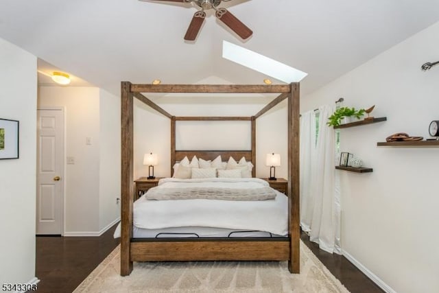 3 Knox Ct, Bernards Twp, NJ 07920 - bedroom featuring lofted ceiling, a skylight, wood finished floors, and a ceiling fan