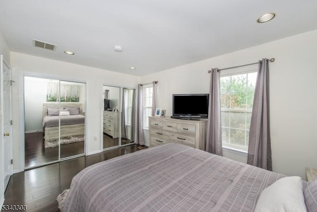 3 Knox Ct, Bernards Twp, NJ 07920 - bedroom featuring multiple windows, two closets, dark wood-style flooring, and recessed lighting