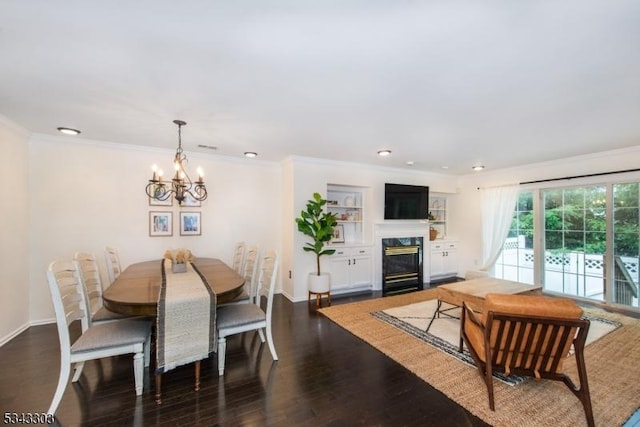 3 Knox Ct, Bernards Twp, NJ 07920 - dining room with a chandelier, a fireplace, wood finished floors, ornamental molding, and recessed lighting