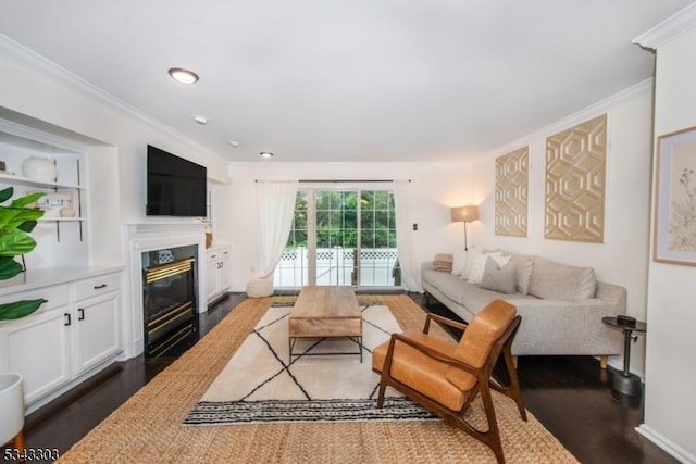3 Knox Ct, Bernards Twp, NJ 07920 - living room featuring a fireplace, dark wood finished floors, ornamental molding, and recessed lighting