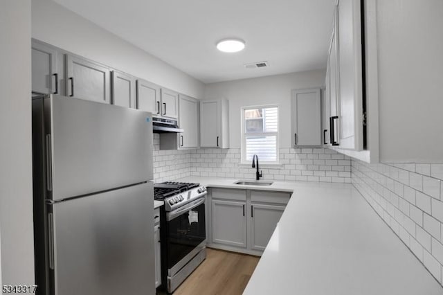 kitchen featuring backsplash, under cabinet range hood, light countertops, appliances with stainless steel finishes, and a sink