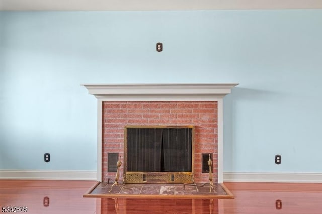 details featuring baseboards, wood finished floors, and a fireplace