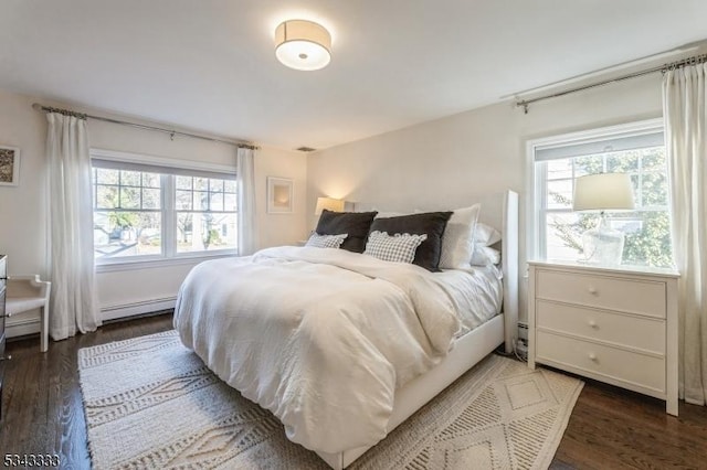 bedroom featuring baseboard heating, multiple windows, and wood finished floors