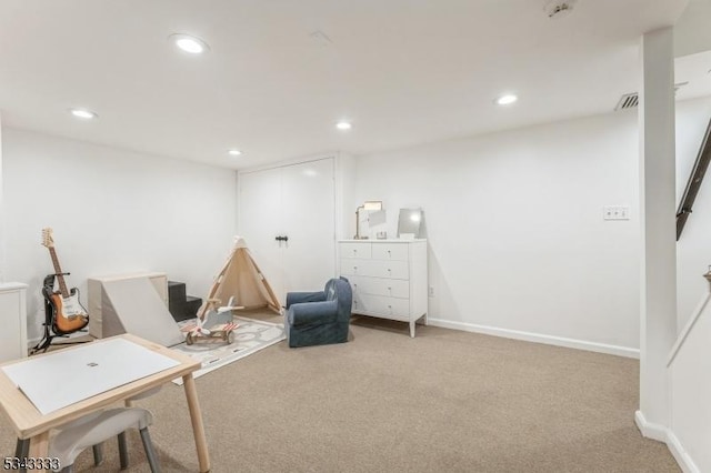 carpeted home office featuring recessed lighting, visible vents, and baseboards