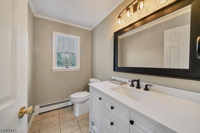 bathroom with vanity, tile patterned flooring, a baseboard heating unit, crown molding, and toilet