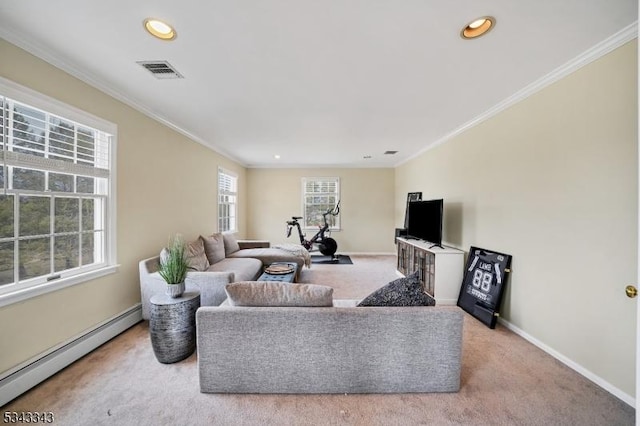 carpeted living area with crown molding, baseboards, visible vents, and baseboard heating