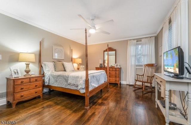 bedroom with a ceiling fan, crown molding, baseboards, and dark wood-style flooring