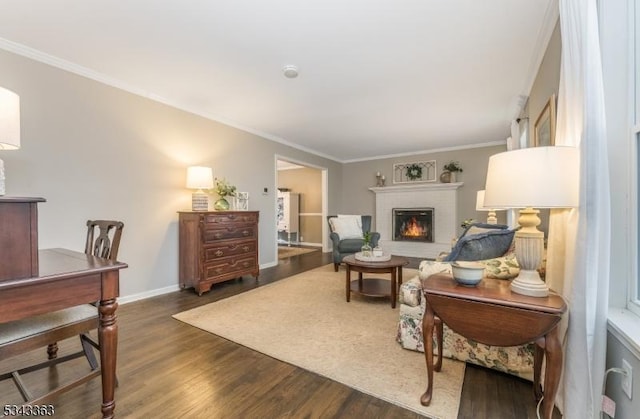 living room featuring baseboards, a fireplace, wood finished floors, and crown molding