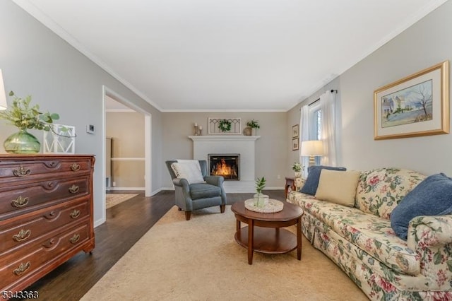 living area with a warm lit fireplace, crown molding, baseboards, and wood finished floors