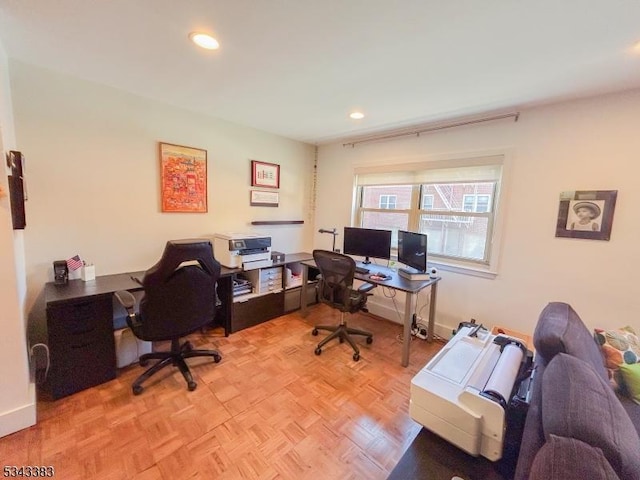 office featuring recessed lighting and baseboards