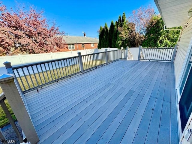 wooden deck with a fenced backyard