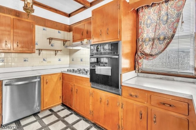 kitchen featuring light floors, light countertops, appliances with stainless steel finishes, under cabinet range hood, and backsplash