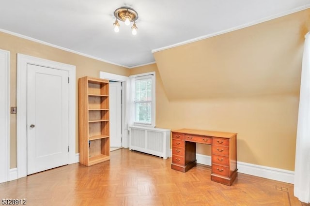 unfurnished office with crown molding, radiator, and baseboards