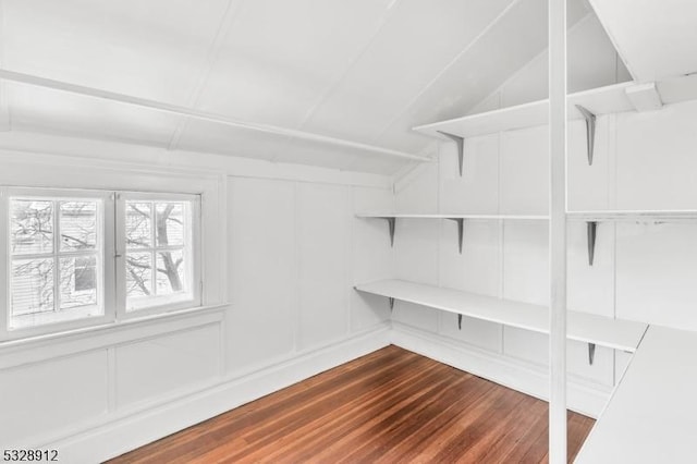 spacious closet featuring lofted ceiling and dark wood-style flooring